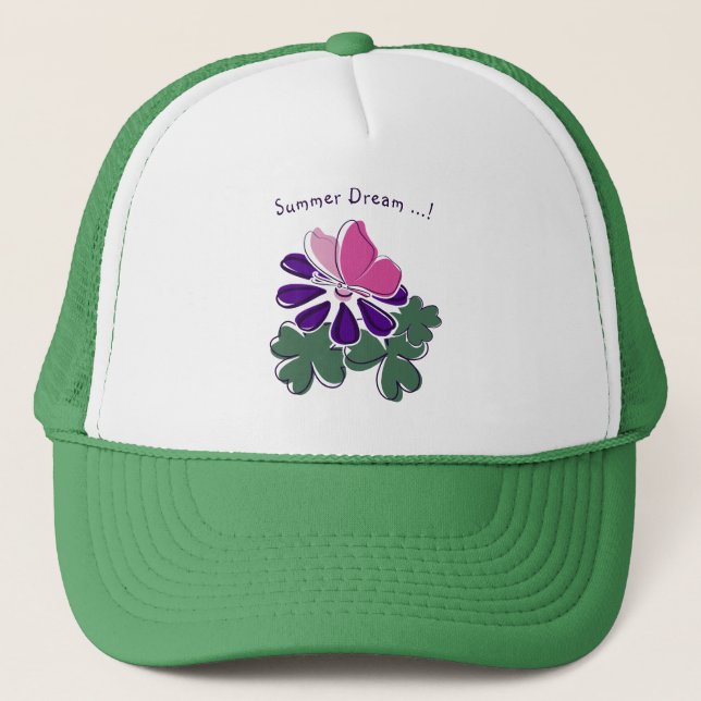 Boné Linda Borboleta Rosa Flor Roxa Doodle Verão (Frente)