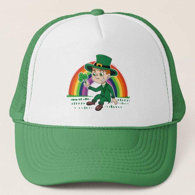 Boné Lindo duende de desenho animado com trevo e arco-í (Frente)