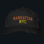 Boné MANHATTAN NYC Orange Yellow Black Vintage Style<br><div class="desc">BROOKLYN NYC Bordados laranja e amarelo sobre chapéu de algodão preto em estilos de safra em relevo. O bordado é personalizável para outras opções de cor selecionando o botão da ferramenta "Editar Design". Também está disponível a opção de selecionar essa cor na página do item principal.</div>
