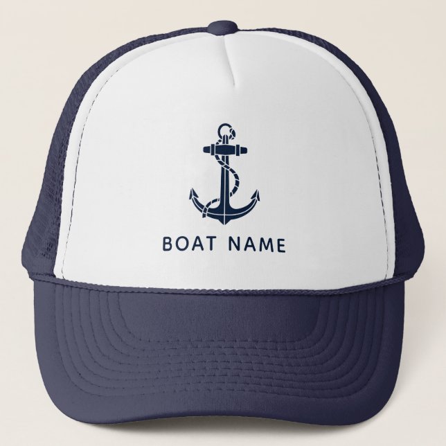 Boné Marinho Náutico, Nome de Barco de Âncora Azul, Cru (Frente)