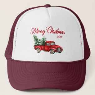 Boné Merry Christmas Year Watercolor Vintage Red Truck