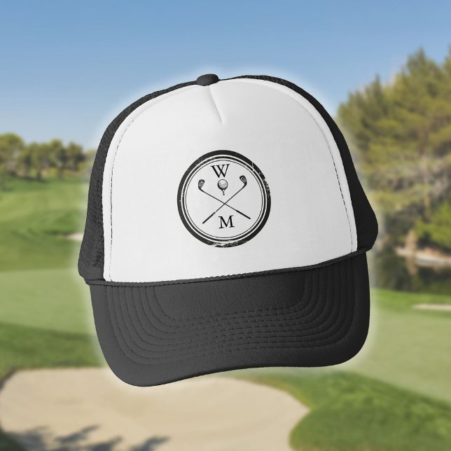 Boné Monograma - Iniciais de Golfe Preto e Branco (Monogram Initials Black and White Golf Trucker Hat)