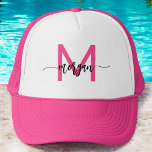 Boné Monograma Na moda Moderno Rosa Quente<br><div class="desc">Por cima, com o nosso Na moda de Monograma Modern, "Hot Pink Trucker Hat"! Apresentando um vibrante design cor-de-rosa quente e personalizado com seu monograma em uma fonte moderna e elegante, este chapéu adiciona um toque chic e personalizado ao seu estilo. A parte de trás da malha respirável e o...</div>