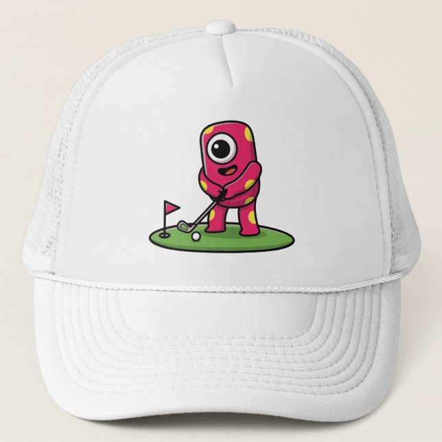 Boné Monstro Rosa de Um Olho Fofo Jogando Golfe Cartoon (Frente)