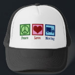 Boné Mover Peace Love Moving Company Truck<br><div class="desc">Companhia de Movimento do Amor pela Paz. Um legal design de negócios com um sinal de paz, coração e caminhão em movimento. Carregue algumas caixas e peça estes movimentos bonitos presentes.</div>