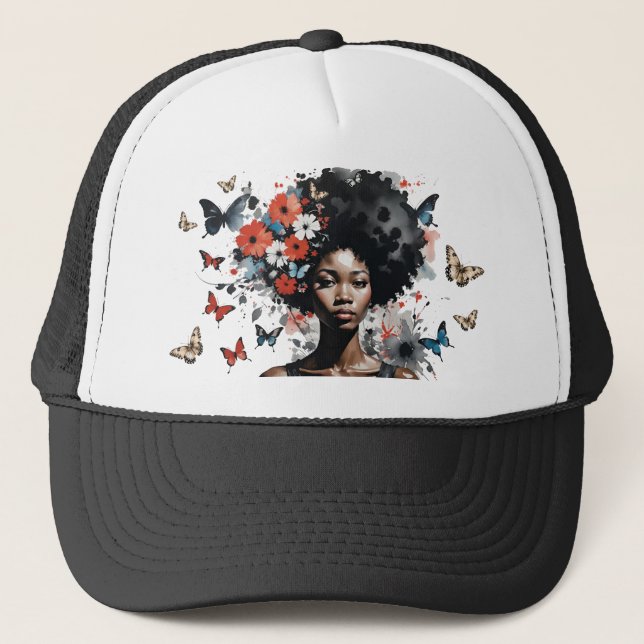 Boné Mulher Negra com Afro Floral e Borboletas (Frente)