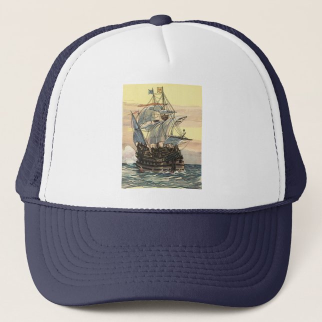 Boné Navio Pirata Antigo, Galeão Navegando no Oceano (Frente)