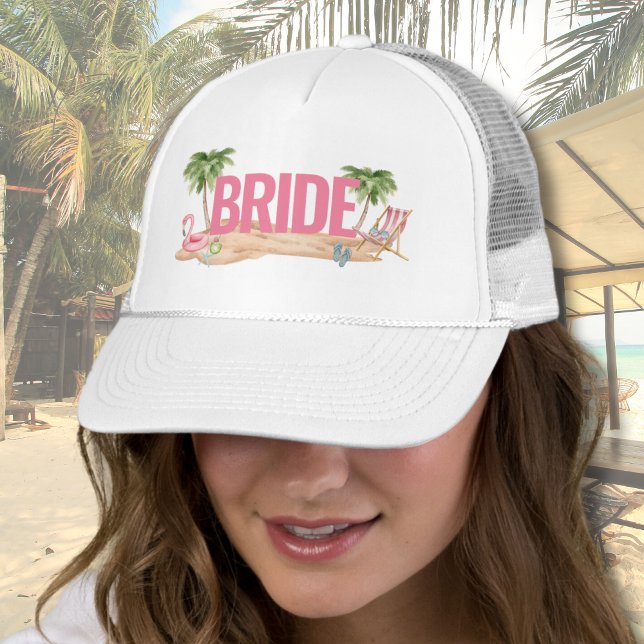 Boné Noiva Festa de Solteira Bonita Praia Rosa (Cute Beach Bride To Be Trucker Hat )