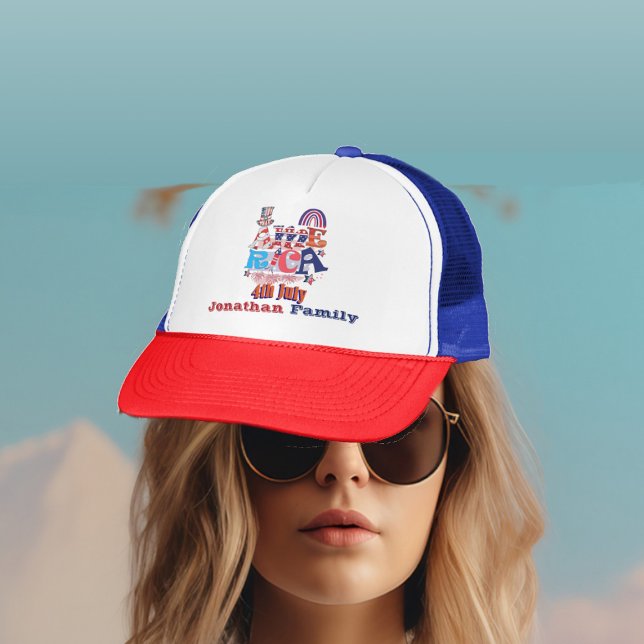 Boné Nome da família de sinalizador do Dia da Independê (4th July Balloon American Flag Patriotic Family Trucker Hat)