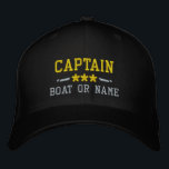 Boné Nome do barco Capitão Estrelas Náuticas Douradas P<br><div class="desc">Veleja em estilo com um preto personalizado com bordado dourado e prateado que contém sua classificação de Capitão ou outro título, seu Nome ou Nome do Barco e estrelas. Várias cores de boné e thread a serem escolhidas. Faz um presente personalizado excelente para Dia de os pais, Dia de as...</div>