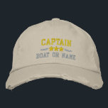 Boné Nome do barco Capitão Estrelas Náuticas Douradas S<br><div class="desc">Veleja em estilo com um bordado personalizado do khaki que apresente sua classificação de Capitão ou outro título, seu Nome ou Nome do Barco e estrelas. Várias cores de boné e thread a serem escolhidas. Faz um presente personalizado excelente para Dia de os pais, Dia de as mães ou qualquer...</div>