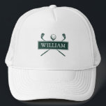 Boné Nome Personalizado Bola E Clube De Golfe Verde Eme<br><div class="desc">Personalize o nome para criar um presente de golfe excelente e guarde. Projetado por Thisnotme©</div>