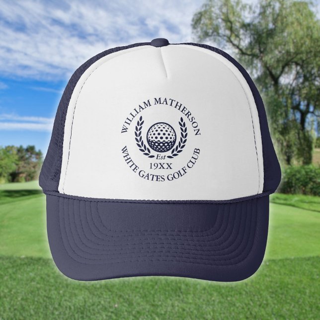 Boné Nome Personalizado do Clube de Golfe Azul Marinho (Personalized Golf Club Name Navy Blue Trucker Hat)