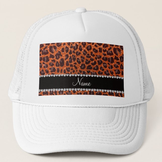 Boné Nome personalizado glitter laranja impressão leopa (Frente)