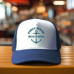 Boné Nome Personalizado Primeiro Porta-Barcos Ancora Ma<br><div class="desc">Chapéu de barco personalizado com âncora náutica azul marinho lendo PRIMEIRO MATE e seu nome personalizado. presente de excelente para uma viagem de barco,  seu próprio veleiro,  iate ou tripulação de barco da família.</div>
