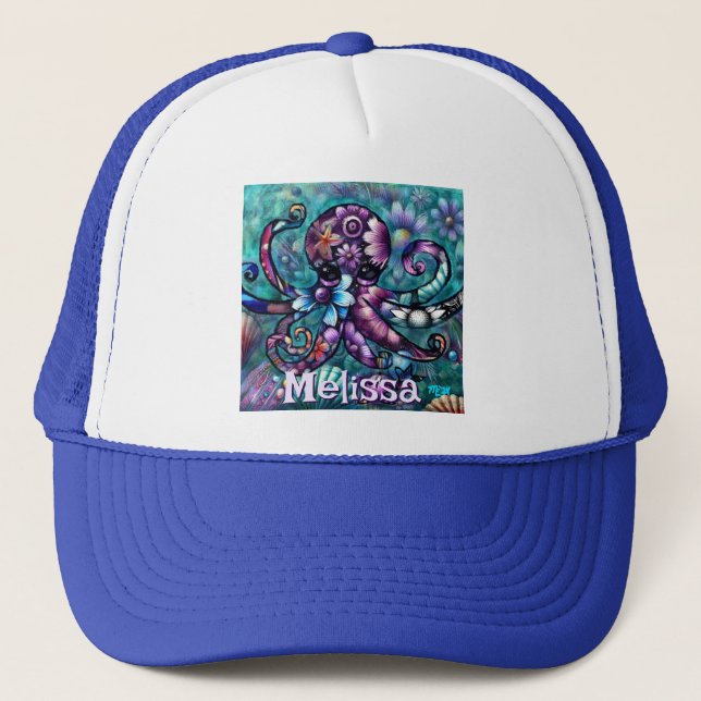 Boné Octopus Floral Teal Coastal Personalizado (Frente)