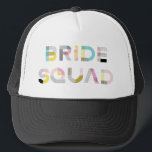 Boné Padrão Colorido Tipografia Moderna Bride Squad Hat<br><div class="desc">Caminhoneiro festivo com BRIDE SQUAD em tipografia colorida moderna com padrões mistos. Isso será perfeito para chás de panela e festas de solteira. Itens correspondentes estão disponíveis.</div>