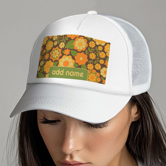 Boné Padrão Floral Retroativo Trendy com bloco de nome (Custom Trucker Hat with Custom Text)