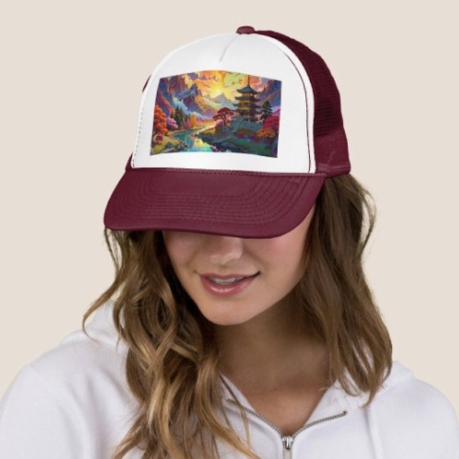 Boné Pagode e Paisagem Colorida  (Pagoda Landscape Trucker Hat   Adjust from 17" to 24" 100% polyester foam front 100% nylon mesh back)