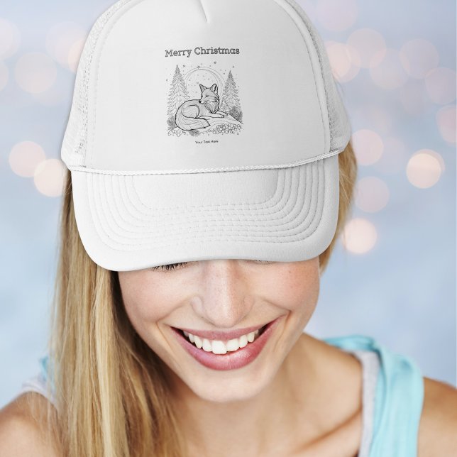 Boné Paisagem da Vida Selvagem da Fox Line de Natal (A personalized festive trucker hat with winter fox design and 'Merry Christmas' words)