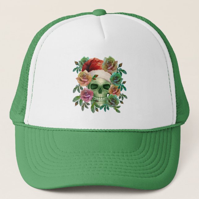 Boné Papai Noel ENGRAÇADO CRÂNIO VERDE E FLORAL DE NATA (Frente)