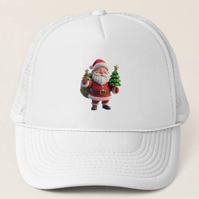 Boné Papai Noel Festivo Segurando Árvore de Natal (Frente)