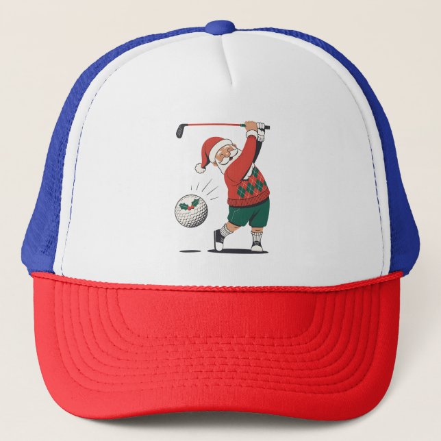 Boné Papai Noel Jogando Golfe Jogador de Golfe Natal  (Frente)