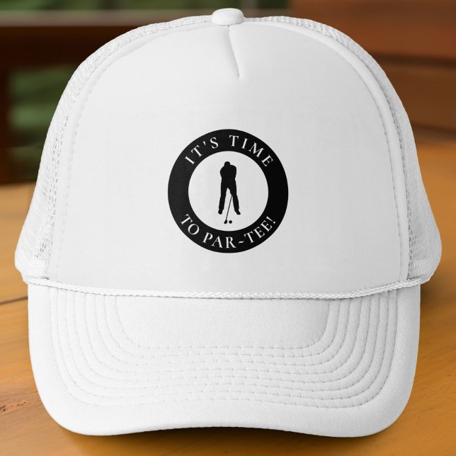 Boné Par Tee Time Camisa engraçada de golfe masculino p (Black mesh hat with Par-Tee golfer logo—fun, bold, and perfect for tournaments or gifting.)