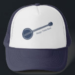 Boné Para Jogadores Banjo, Mensagem Personalizada Azul<br><div class="desc">Adicione o nome da sua banda de bluegrass,  o seu próprio slogan engraçado ou o nome do seu banjo favorito para criar um chapéu do tipo. Este chapéu apresenta uma ilustração de um banjo em azul marinho com a sua própria mensagem expressa em termos de coordenação da inscrição azul.</div>