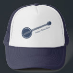 Boné Para Jogadores Banjo, Mensagem Personalizada Azul<br><div class="desc">Adicione o nome da sua banda de bluegrass,  o seu próprio slogan engraçado ou o nome do seu banjo favorito para criar um chapéu do tipo. Este chapéu apresenta uma ilustração de um banjo em azul marinho com a sua própria mensagem expressa em termos de coordenação da inscrição azul.</div>