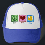 Boné Patos de Paz e Amor<br><div class="desc">Presente bonito perfeito para alguém que ama patos ou presentes amigáveis para bebês. Um sinal verde de paz, vermelho, e um bonitinho pato de borracha amarelo.</div>
