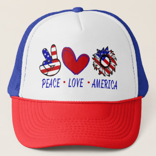 Boné Peace Love America Patriotic Flag Heart Sunflower