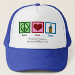 Boné Peace Love Debate Team Custom School<br><div class="desc">Um belo discurso personalizado e um debate fizeram um presente de vidro com um sinal de paz,  coração,  e alguém que está por trás de um palpite. Personalize com seu nome de segundo grau,  faculdade ou universidade.</div>