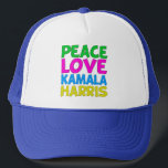 Boné Peace Love Kamala Harris<br><div class="desc">Cute Peace Love Kamala Harris chapéu para um democrata progressista que ama designs políticos coloridos e divertidos. Votem em Kamala para presidente nas eleições de 2024. Um design liberal divertido em cores brilhantes.</div>