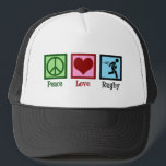 Boné Peace Love Rugby<br><div class="desc">Peace Love Rugby. Um presente legal para um jogador com uma liga ou sindicato de futebol.</div>