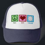 Boné Peace Love Voleibol<br><div class="desc">Um sinal de paz, coração, e um bonito vôlei numa praça azul. Eu adoro vôlei, praia, interior, você o chama!</div>