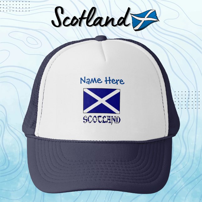Boné Personalização Azul da Bandeira da Escócia e Escoc (Personalize blue trucker hat features the St. Andrew's Cross Scot Flag with the word SCOTLAND below.)