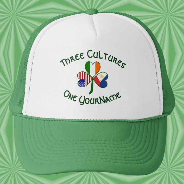 Boné Personalized Philippines Ireland USA Flag Shamrock (Trucker hat with a personalized Philippines‑Ireland‑USA Three Cultures shamrock.)