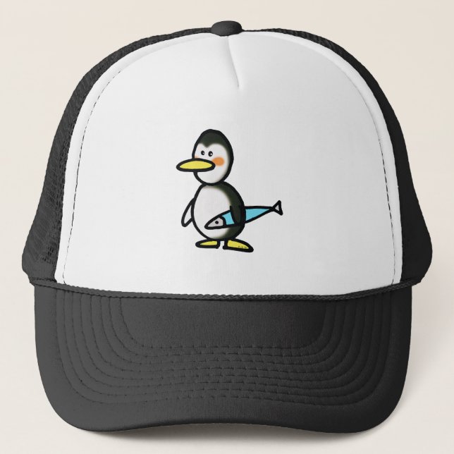 Boné Pinguim Fofo Segurando um Peixe Azul (Frente)
