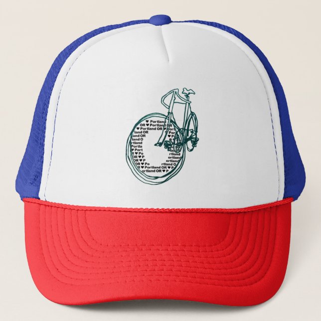 Boné Portland Oregon Bicycle Red White Blue Trucker Hat (Frente)