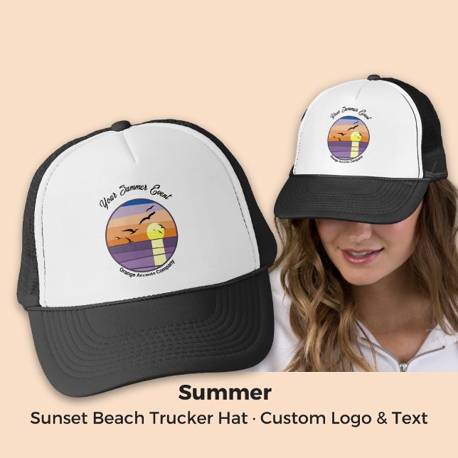 Boné Praia do Sunset Personalizada ・ Texto de Evento e  (Custom Sunset Beach · Event & Brand Text Trucker Hat)