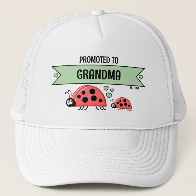 Boné Promoted to Grandma ladybugs white green (Frente)