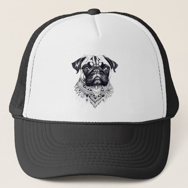 Boné Pug Pet Animal Nature Illustração Arte Tatuagem (Frente)
