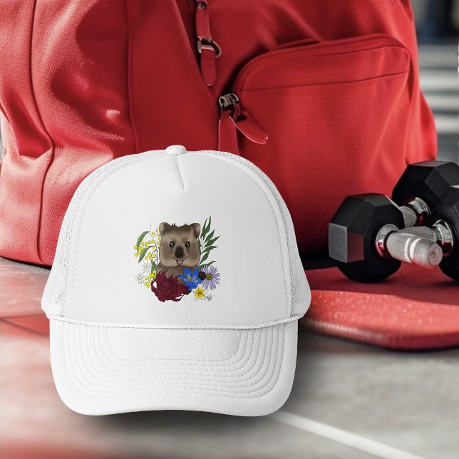 Boné Quokka Feliz Austrália Floral Azul (Criador carregado)