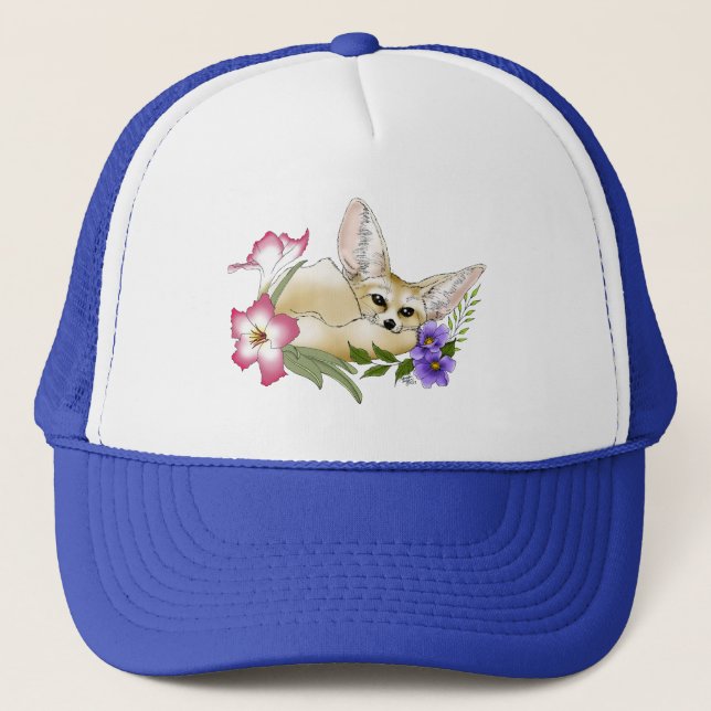 Boné Raposa Fennec Flores Rosa Roxo Fofo Botânico Azul (Frente)