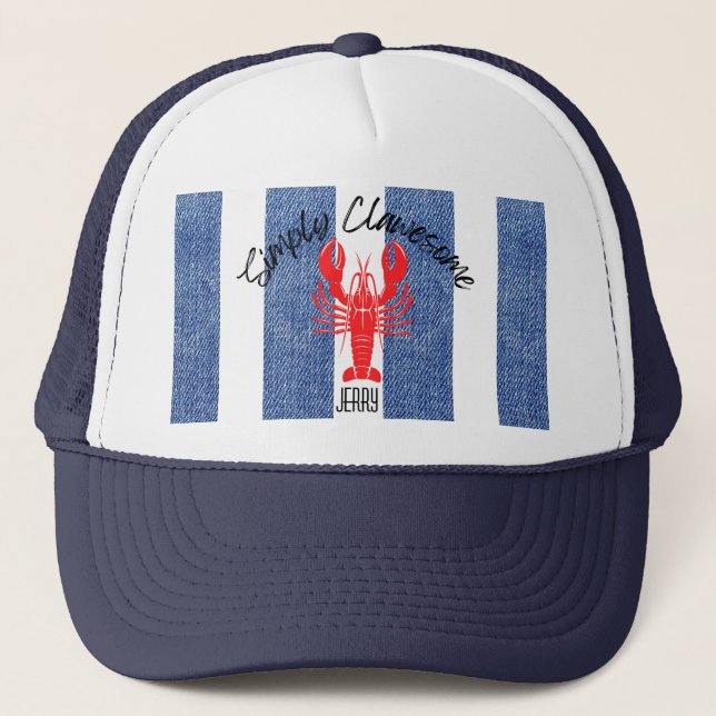 Boné Red Lobster em Listras de Denim Azul e Branco (Frente)