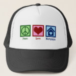 Boné Remetente da Companhia de Hipotecas do Peace Love<br><div class="desc">Mortgages de Paz e Amor. Um belo presente de empréstimo hipotecário para um corretor de uma empresa de empréstimos para habitação. Uma design legal para vender casas a donos de casa à procura de uma casa que precise de uma empresa de empréstimo.</div>