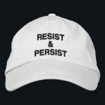 Boné Resiste e persiste texto negro em branco<br><div class="desc">Mostre que você não cederá à tirania e inspire outros a protestar vestindo um boné de beisebol com as palavras "Resistência e Persistência" bordadas em negrito em um fundo branco. Os chapéus estão disponíveis em outras cores na barra lateral. Para ver o design Resistente e Persistir em outros itens, clique...</div>