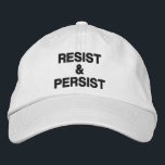 Boné Resiste e persiste texto negro em branco<br><div class="desc">Mostre que você não cederá à tirania e inspire outros a protestar vestindo um boné de beisebol com as palavras "Resistência e Persistência" bordadas em negrito em um fundo branco. Os chapéus estão disponíveis em outras cores na barra lateral. Para ver o design Resistente e Persistir em outros itens, clique...</div>