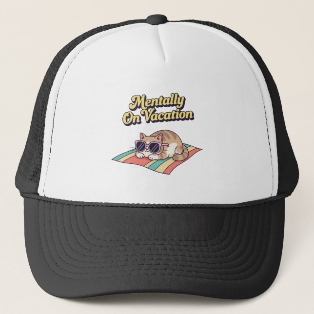 Boné Retro Cat Vacation Mode Trucker Hat (Frente)